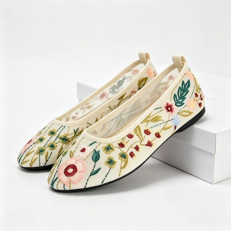 Embroidery Meaning - Bout rond maille ballerines chaussures femmes