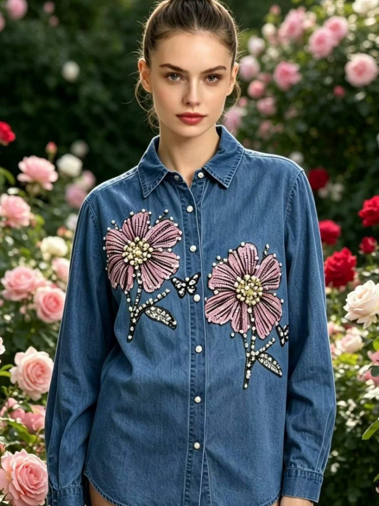 Embroidery Cotton Shirt - Chemisier en jean brodé pour femme,