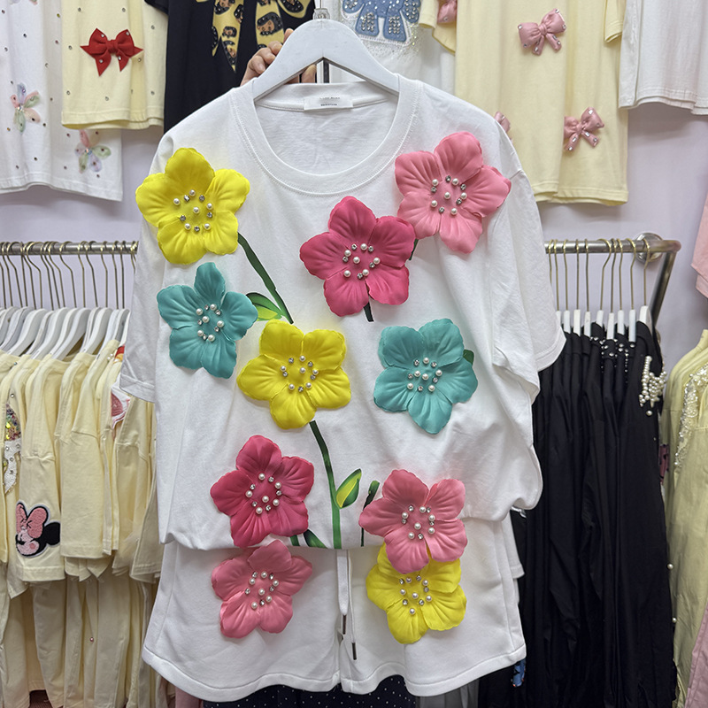 Embroidery Cotton Shirt - T-shirt d'été à fleurs colorées en