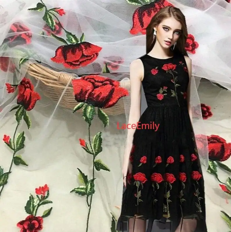 Tissu en dentelle Rose rouge,  - Embroidery Rose avis et prix