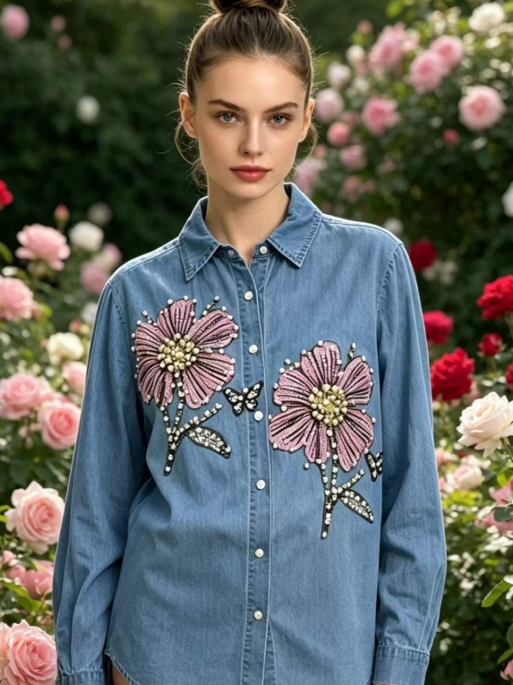 Chemisier en jean brodé pour f - Embroidery Cotton Shirt avis et prix