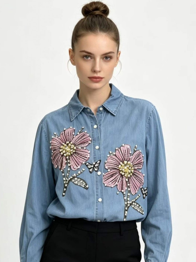 Chemisier en jean brodé pour f - Embroidery Cotton Shirt avis et prix